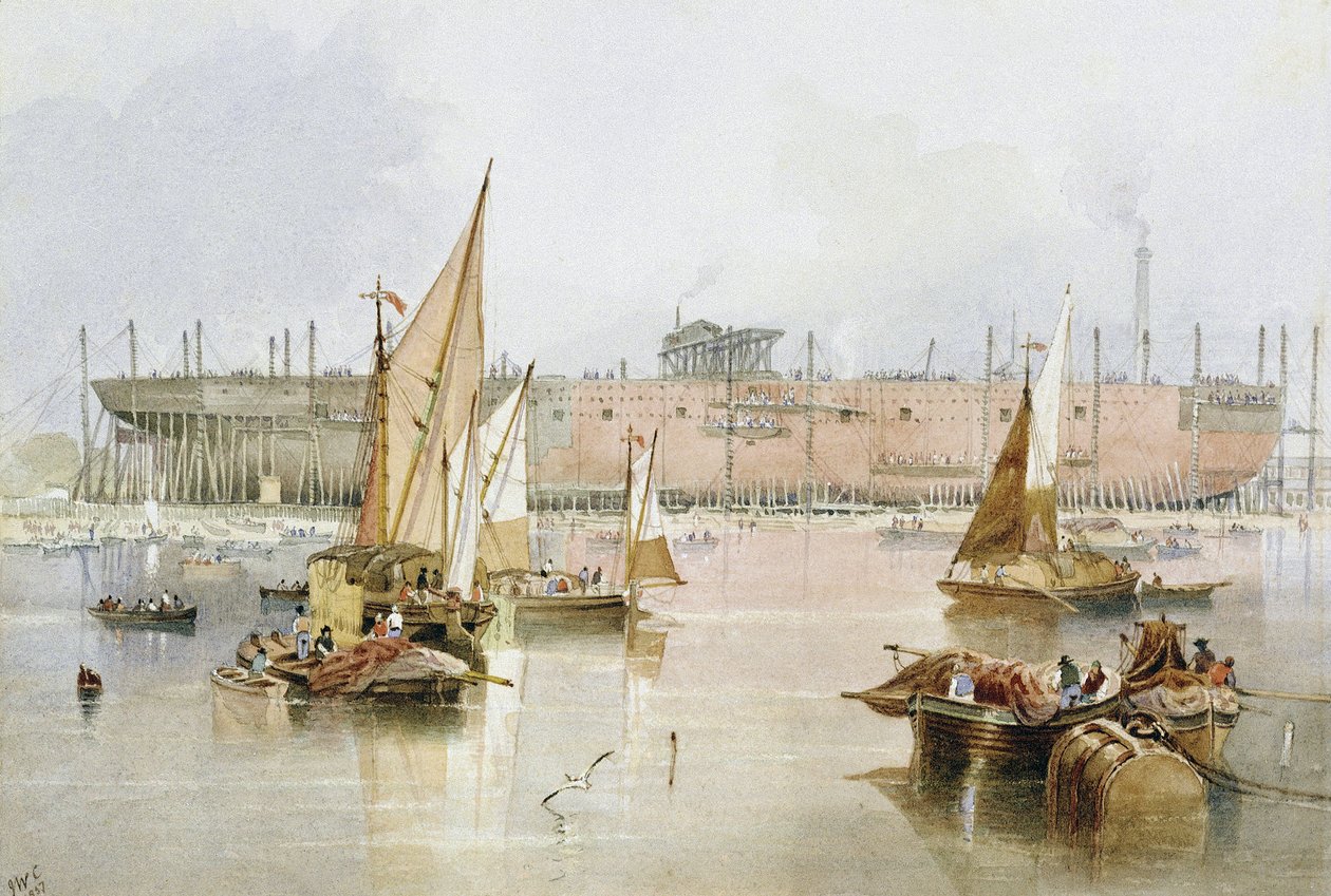 O transatlântico "Great Eastern", em 1857, antes da conclusão da sua construção, em Millwall, no Tamisa (Inglaterra) de John Wilson Carmichael