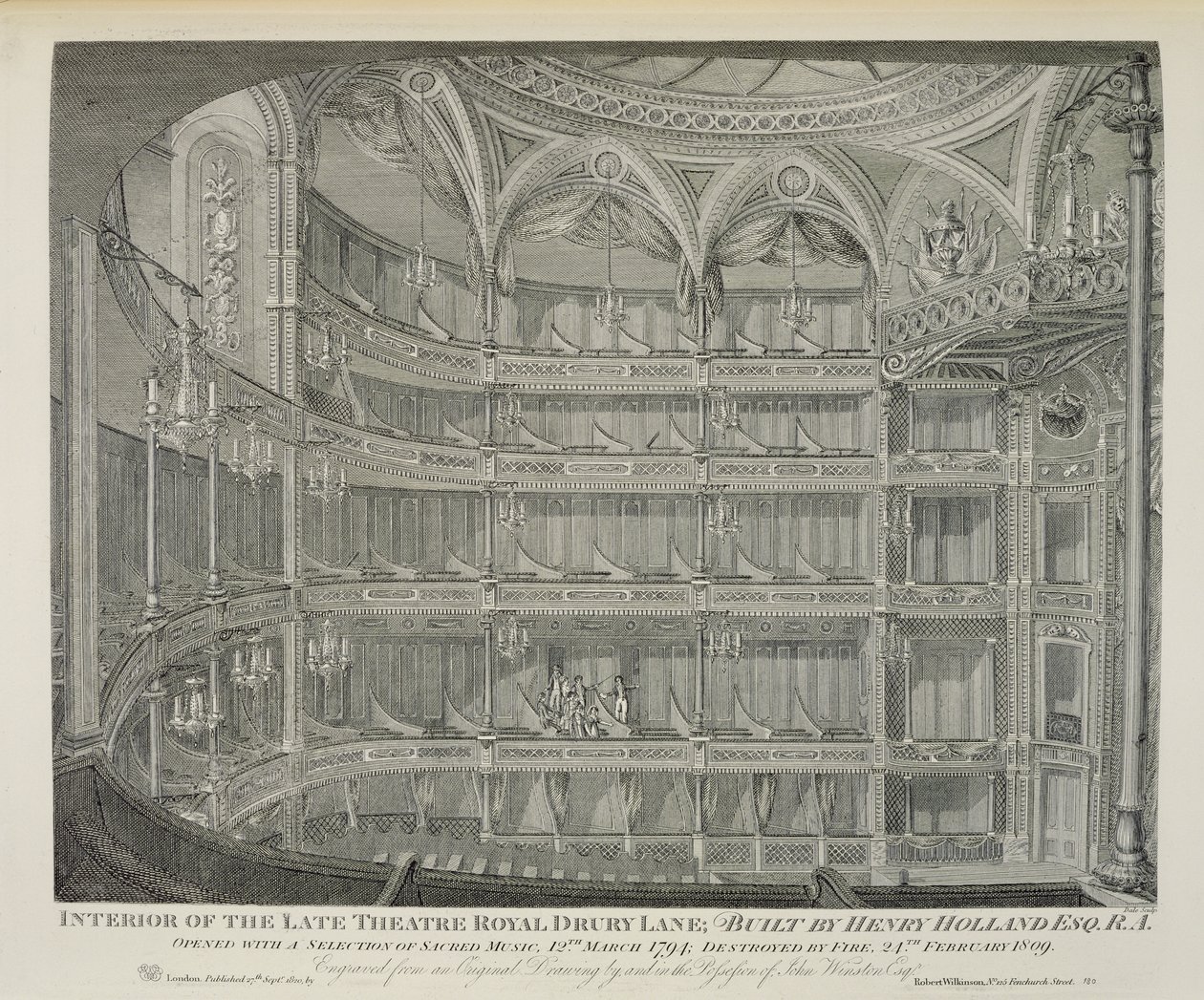 Interior, de, a, tarde, teatro, real, drury, pista, em, londres, incorporado, por, henry, holanda, 1794, destruído, por, fogo, em, 1809, gravado, por, Dale, 1820 de John Winston
