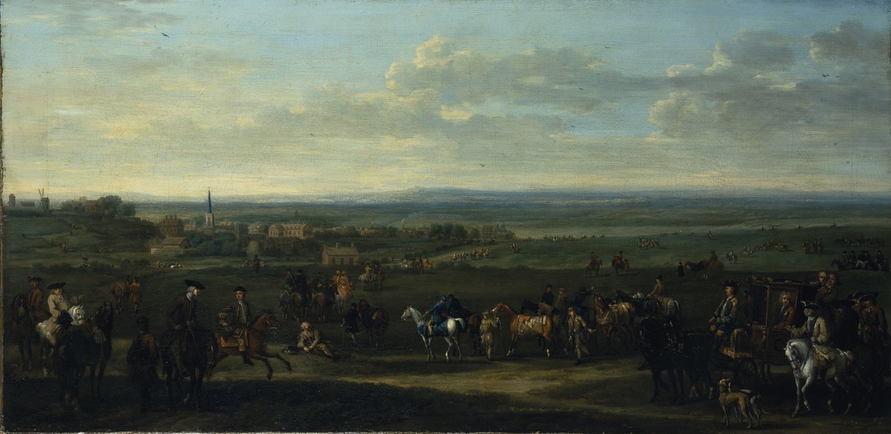 Uma vista do Velho Newmarket com figuras e cavalos sobre o Heath (óleo sobre tela) de John Wootton