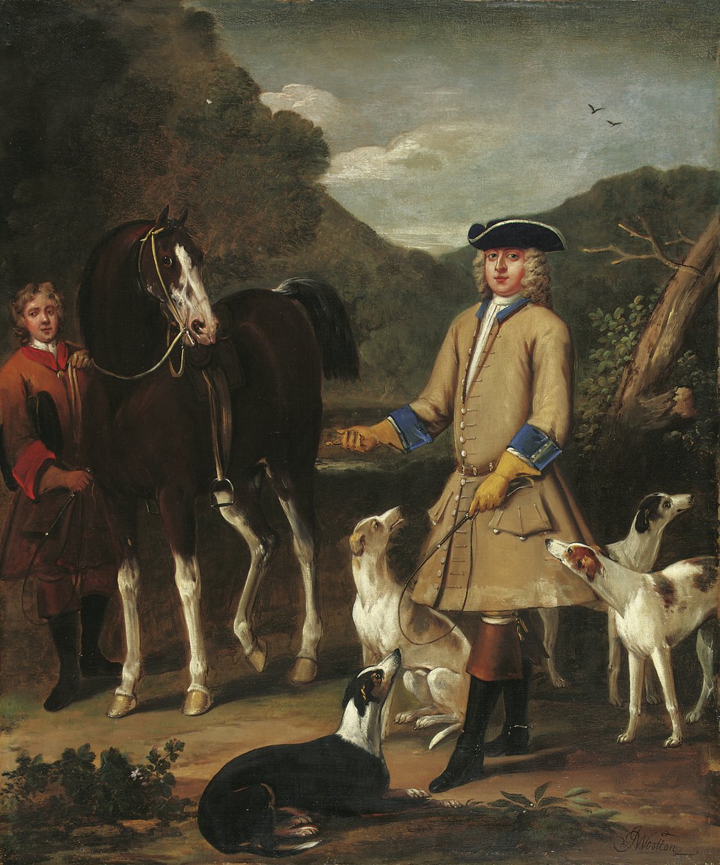 Edward, Lord Seymour, com seu cavalo, noivo e cães, em uma paisagem de John Wootton