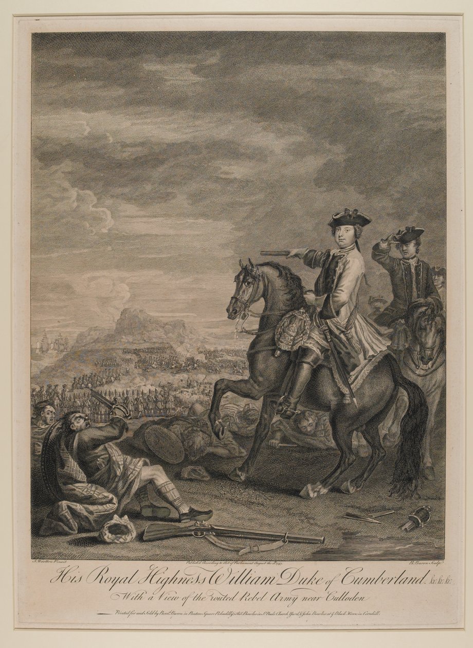 SAR William (1721-1765) Duque de Cumberland, com uma visão do exército rotulado perto de Culloden, 1746, publicado por B. Baron, 1747 de John Wootton