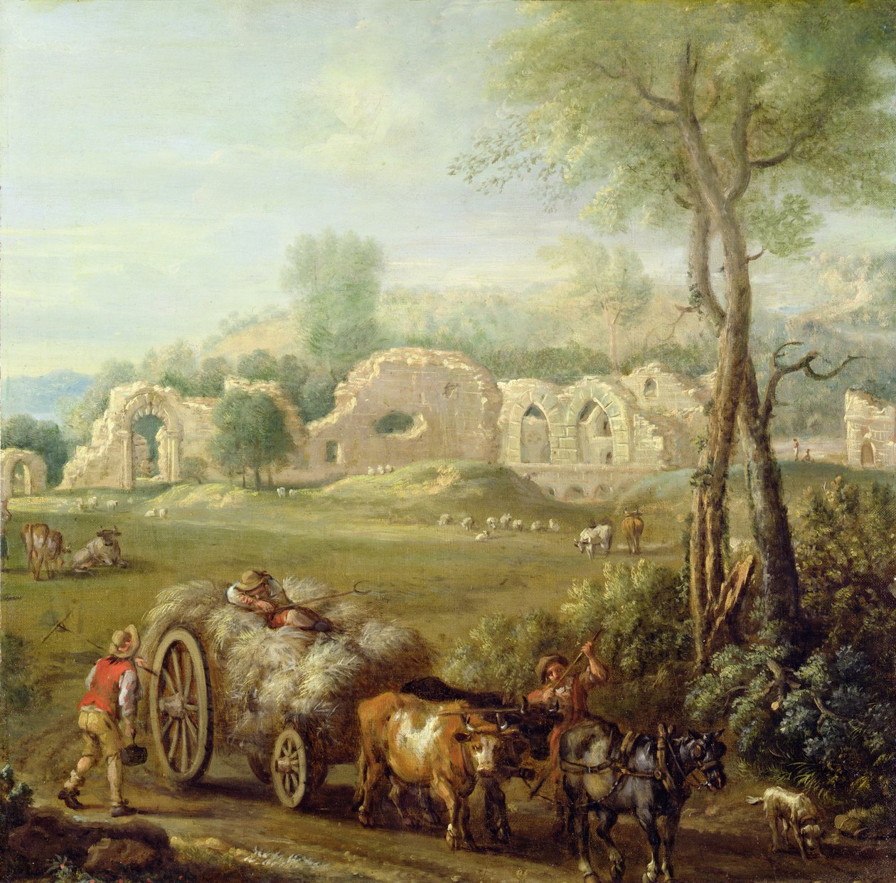 Haycart Passing a Ruined Abbey, c.1740-50 (óleo sobre tela) de John Wootton