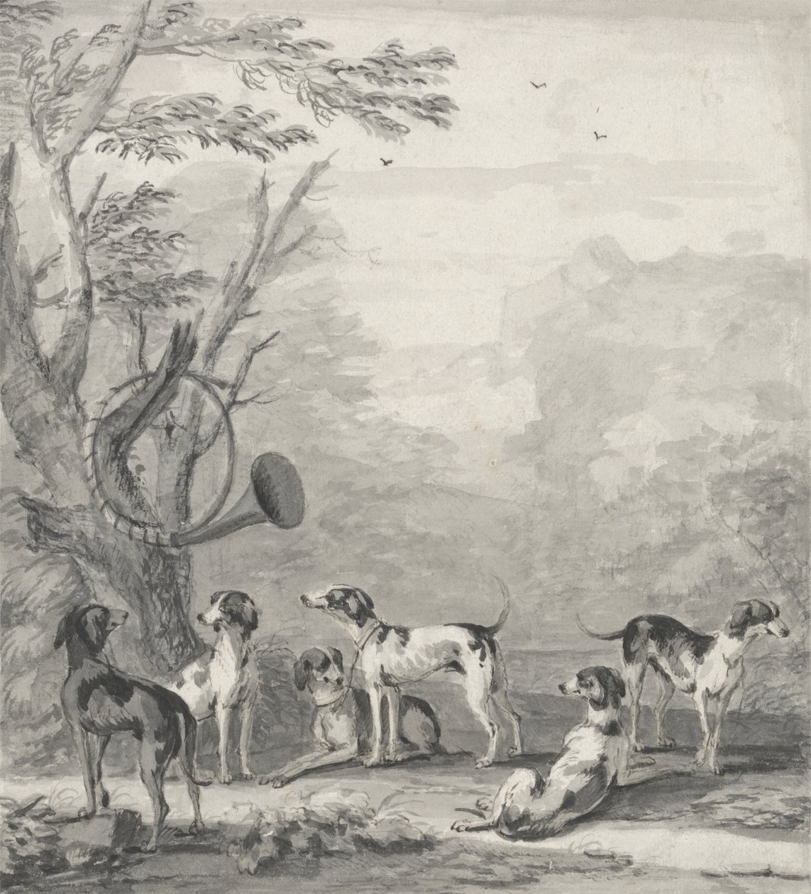 Hounds in a Landscape (grafite, caneta, tinta marrom e lavagem cinza) de John Wootton