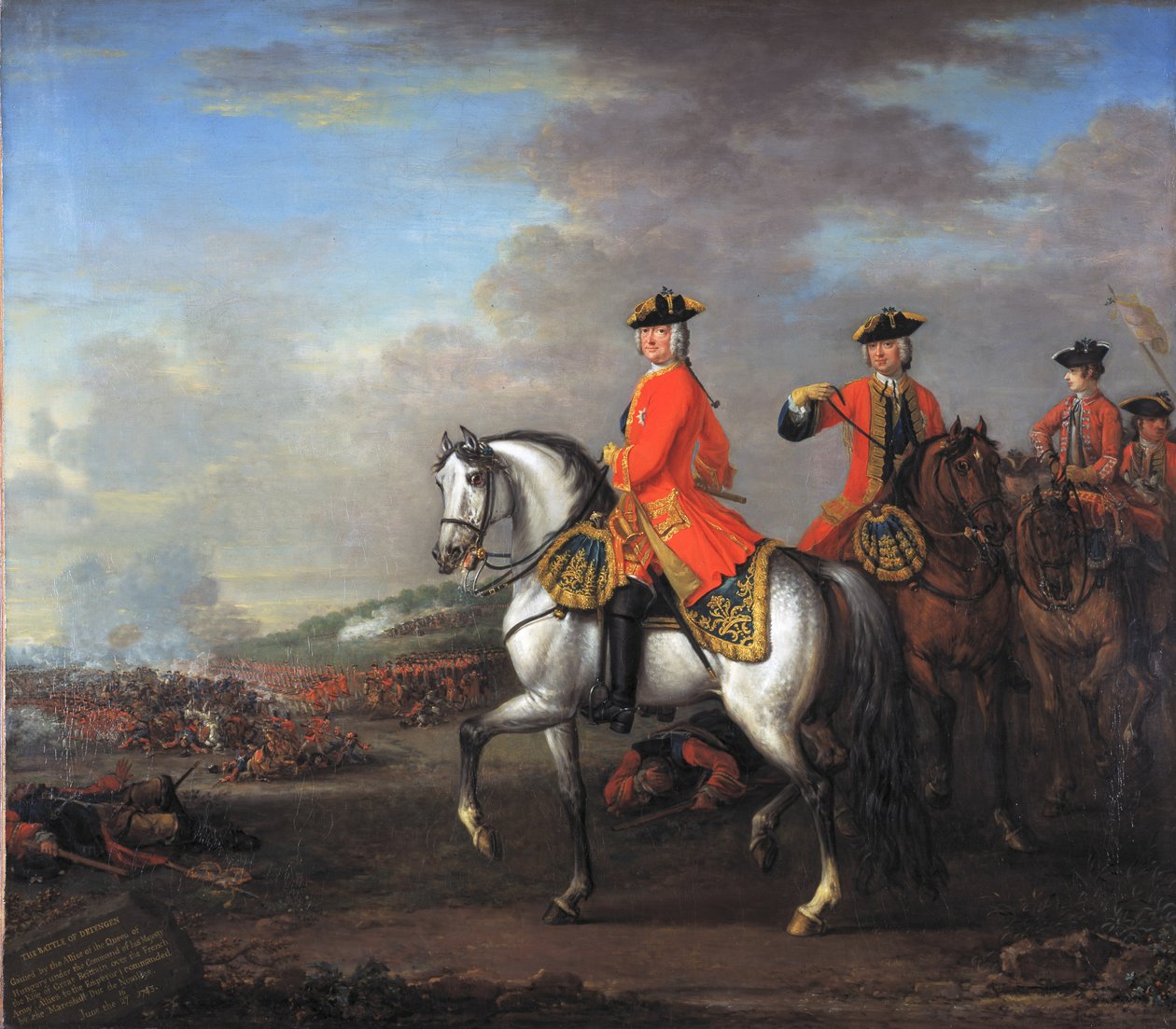 Rei George II (1683-1760) na Batalha de Dettingen, com o duque de Cumberland e Robert, 4º Conde de Holderness, 27 de junho de 1743, c.1743 de John Wootton