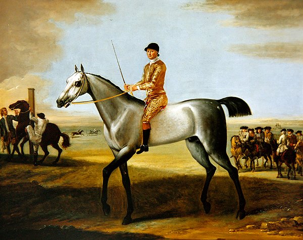 O famoso cavalo de corrida cinzento Coneyskins do Duque de Rutland com jockey no Newmarket Heath (óleo sobre tela) de John Wootton