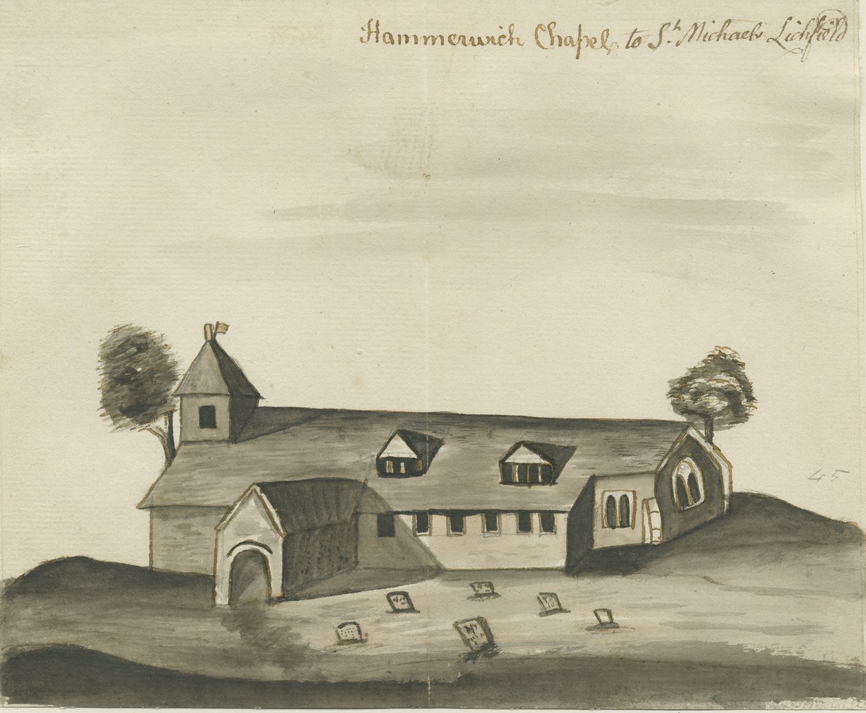 Igreja de Hammerwich: desenho em sépia, nd [c 1780] de John Wright