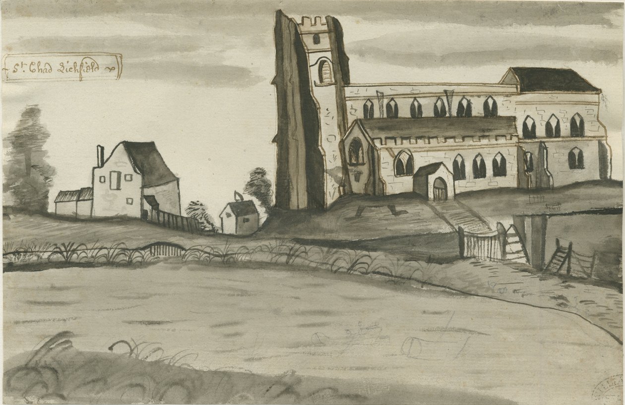 Lichfield - Igreja de São Chade: desenho a caneta e lavagem, sd [1784] (desenho) de John Wright