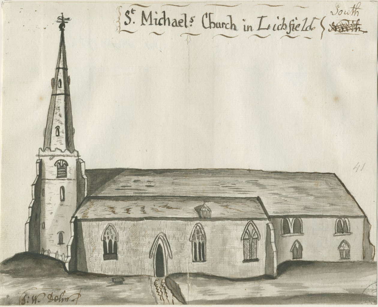 Lichfield - Igreja de São Miguel: desenho sépia, nd [1784] (desenho) de John Wright