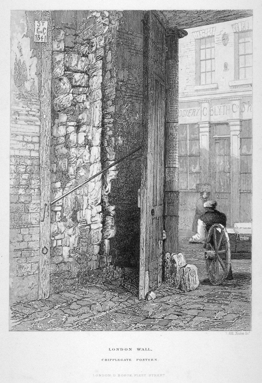 Cripplegate Postern, no adro da igreja de St Giles sem Cripplegate, London Wall, London, 1851. de John Wykeham Archer