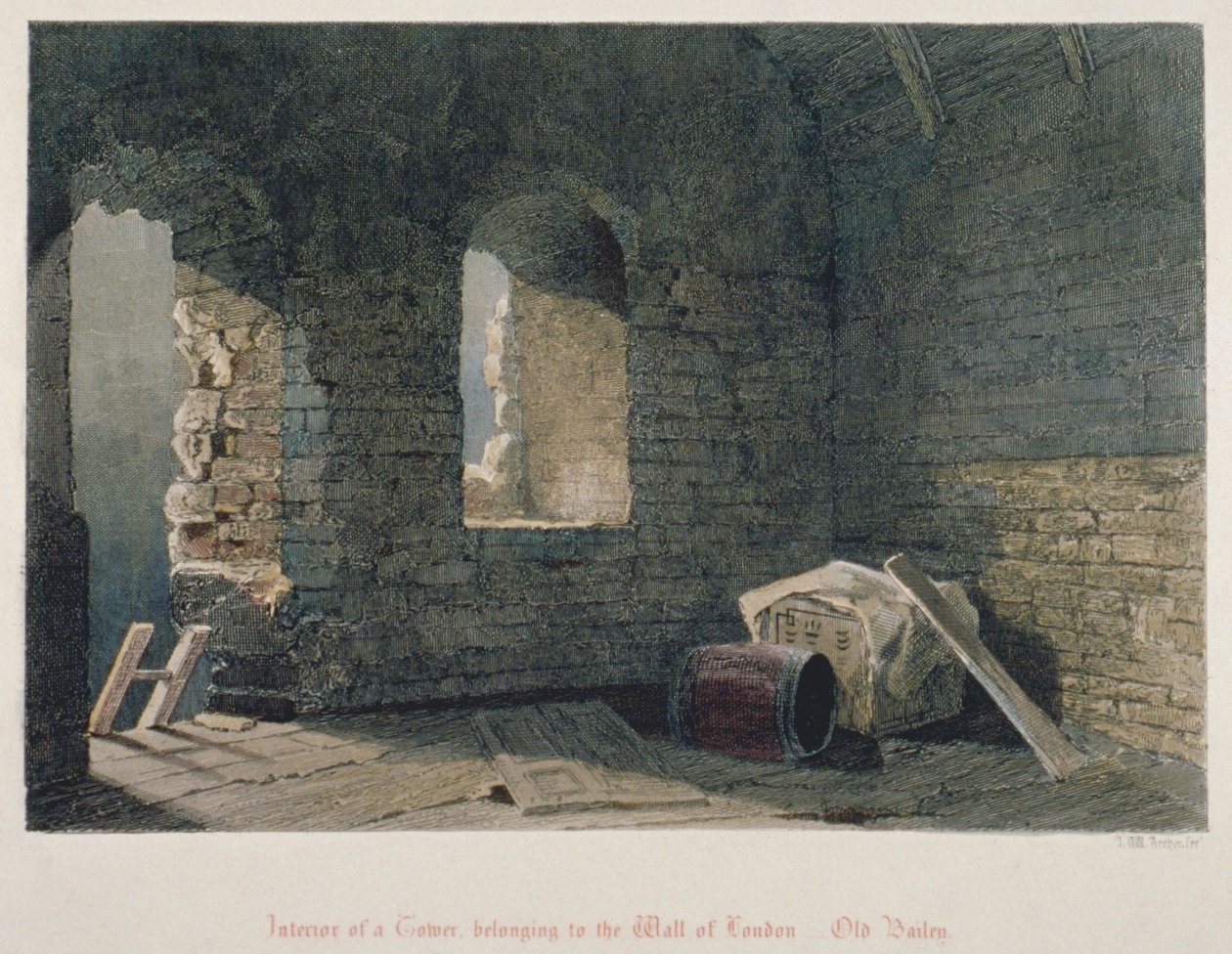 Vista interior de uma torre pertencente à London Wall em Old Bailey, City of London, 1851 de John Wykeham Archer