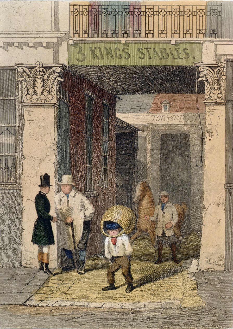 Restos da Casa Clarendon, Estábulos de Três Estábulos, Piccadilly, de &39;Vestiges of Old London&39;, 1851 (gravura colorida) de John Wykeham Archer