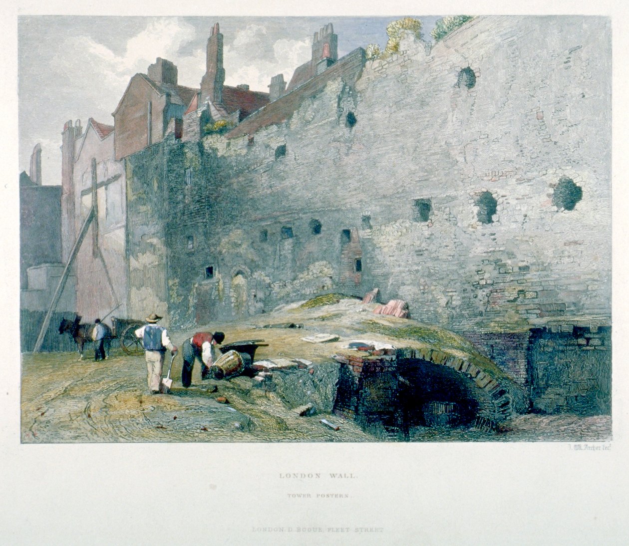 Vista da Torre Postern e da Muralha de Londres com homens cavando, Cidade de Londres, 1851 de John Wykeham Archer