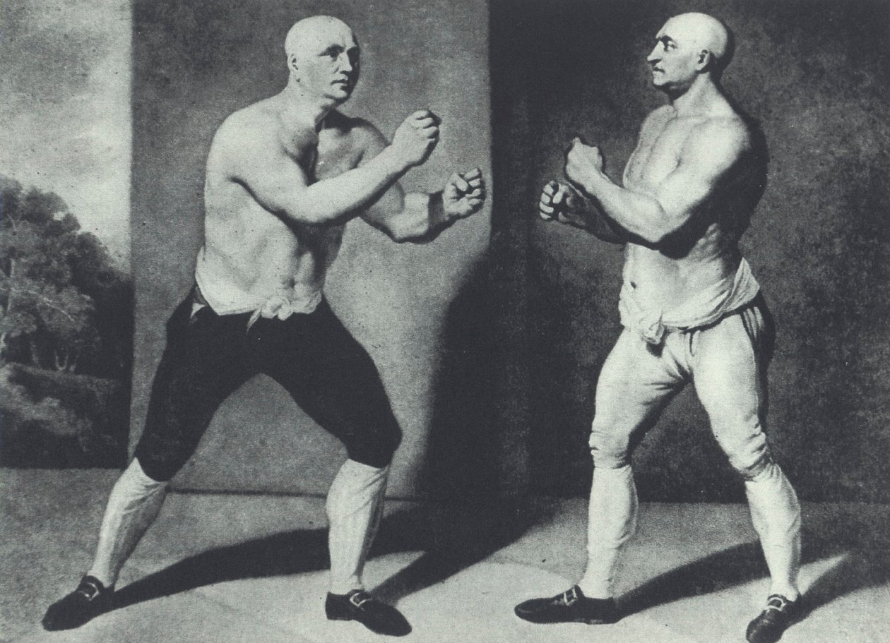 Os primeiros pugilistas britânicos barefistas, John Broughton (esquerda) e George Stevenson lutam em 1741: Broughton inventou a luva de boxe (mezzotint) de John Young