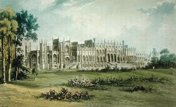 Eaton Hall, a oeste do Garden Front, do Ackermanns Repository of Arts, publicado em 1826 (ver também 182260) de John after Gendall