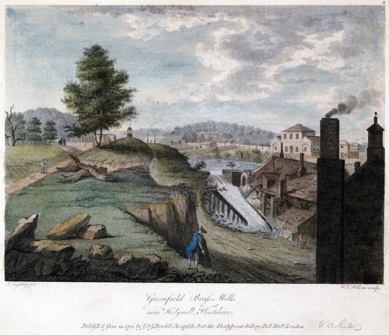 Greenfield Brass Mills, perto de Holywell, Flintshire, gravado por WC Wilson, c.1792 de John after Ingleby