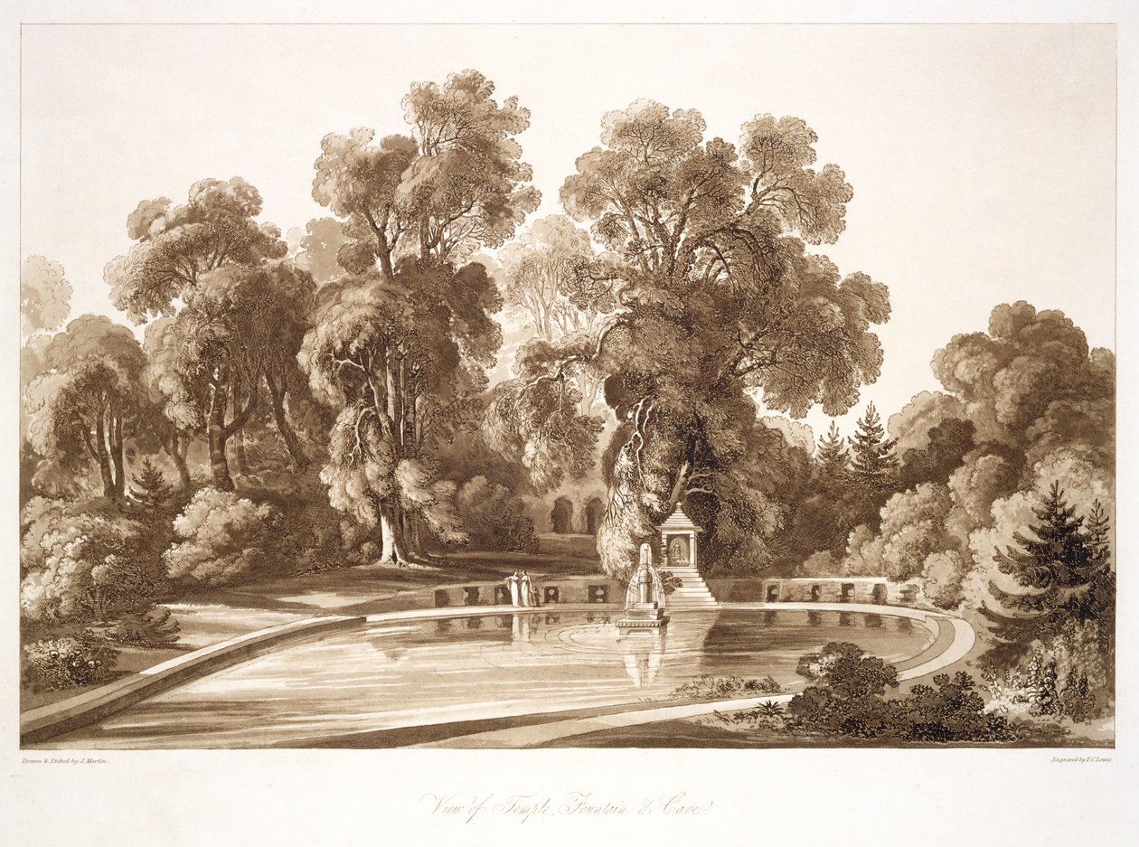 Vista do Templo Fonte e Gruta, Sezincote, gravada por Frederick Christian Lewis Snr. (1779-1856), c.1817-18 (sepia aquatint) (ver também 171663) de John after Martin