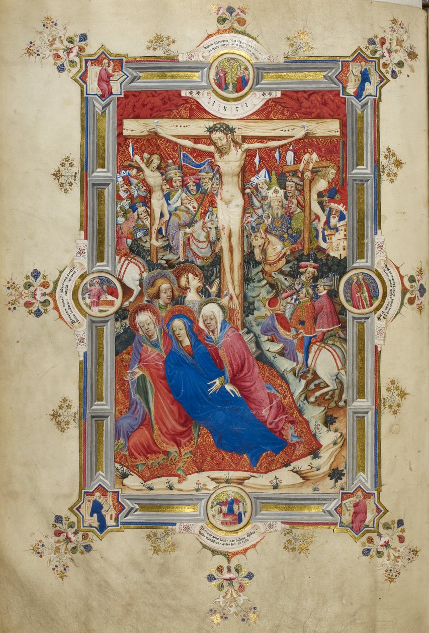 A Crucificação, introduzindo o Cânon da Missa. Cristo na cruz, flanqueado por ladrões, Virgem desmaiada apoiada por mulheres e São João, Madalena aos pés da cruz. Multidão de espectadores montados em vestido contemporâneo, incluindo Longinus, com anjos aci de John and Siferwas John (fl. 1380–1421 Whas
