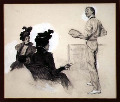 "Estava fora!", Duas mulheres a ver um homem a jogar ténis. de John da Costa