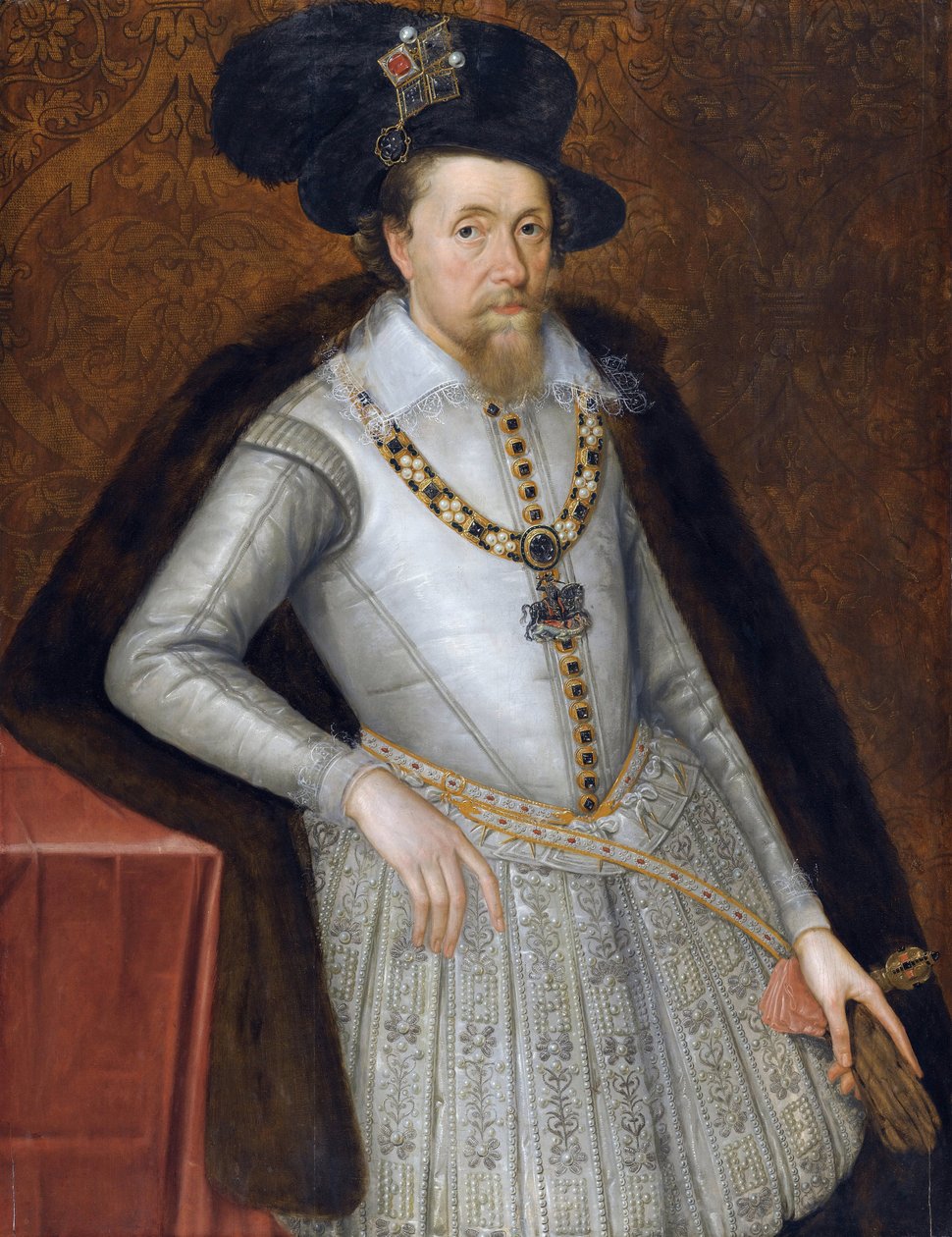 Jacques VI et Ier - Jacques Stuart - Retrato do Rei James I da Inglaterra (1566-1625) par John De Critz (Decritz), o Ancião (1551/2-1642), Início do 17º cen. - Óleo sobre madeira de John de Critz