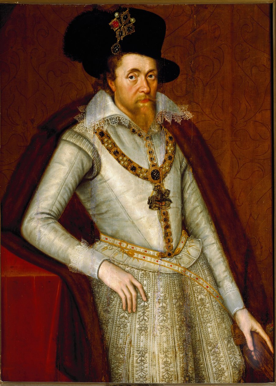 Retrato de James I da Inglaterra e VI da Escócia, Cavaleiros da Ordem da Jarreteira, c.1610 (pintura) de John de Critz