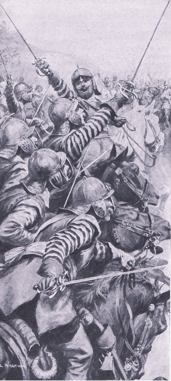 Noivado de cavalaria na batalha de Edgehill, 23 de outubro de 1642, ilustração das Batalhas Britânicas na Terra e no Mar, 1915 de John de Walton