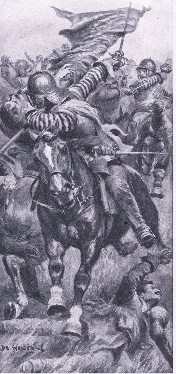 Lieutenat John Smith retomando o reinado padrão em Edgehill, 23 de outubro de 1642, ilustração das Batalhas Britânicas em Terra e Mar, 1915 de John de Walton