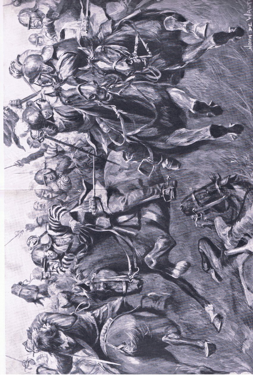 Marston Moor, 2 de julho de 1644: A cavalaria escocesa sob Leslie, atacando o flanco do Príncipe Rupert, ilustração das Batalhas Britânicas na Terra e no Mar, 1915 de John de Walton