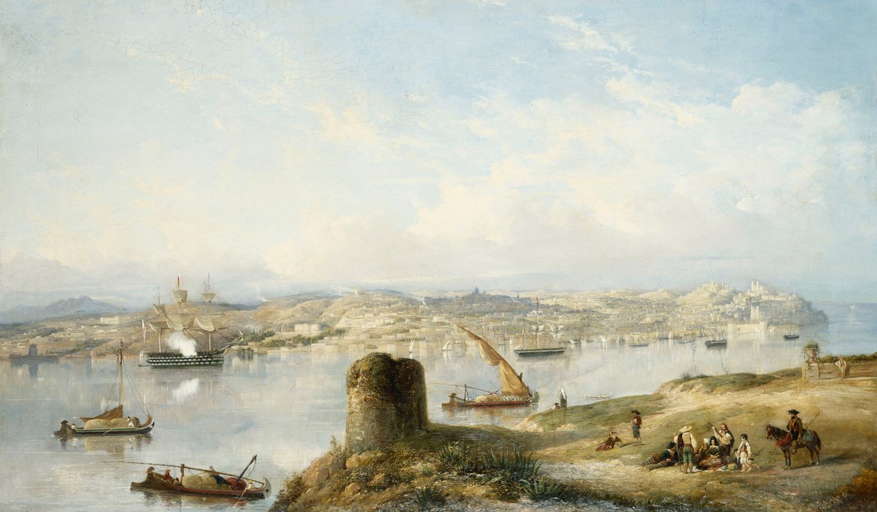 Vista extensa de Lisboa sobre o rio Tejo, com a Praça do Terreiro do Paço, a Sé Velha e o Castelo de S. Jorge de John or Giovanni Schranz