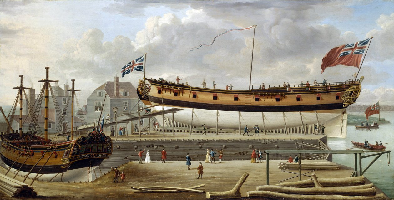 Um navio de sexta categoria (sixth rate), um navio de guerra da Marinha Real Britânica, em doca seca, o estaleiro é provavelmente o de Rotherhite, na margem sul do Tamisa (Inglaterra) de John the Elder Cleveley