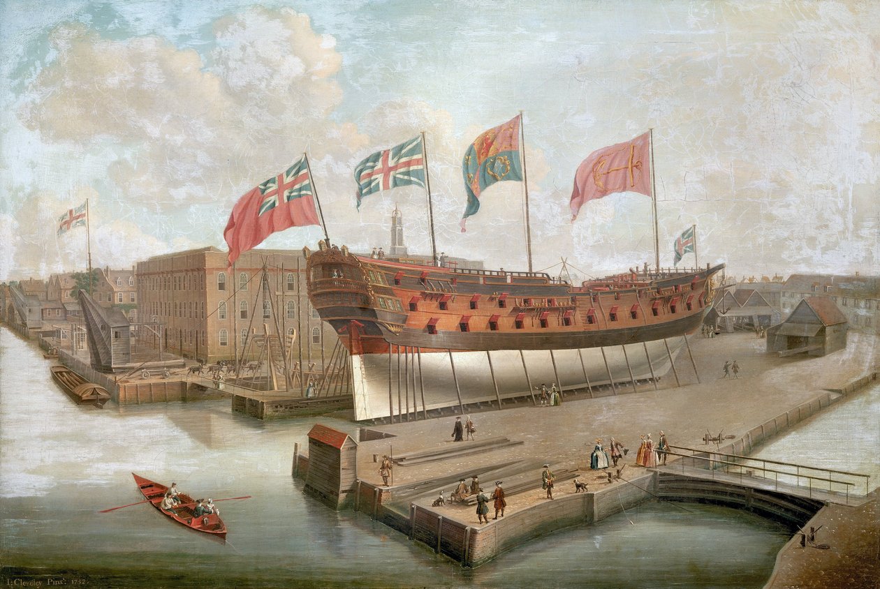 O HMS "Buckingham" nas docas em frente ao armazém principal dos Estaleiros Reais em Deptford (Inglaterra) de John the Elder Cleveley