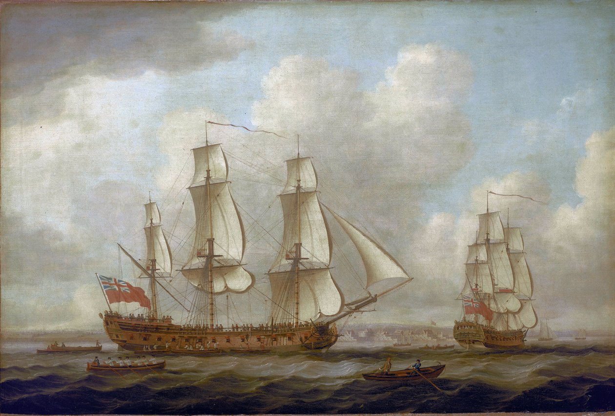 O navio indiano "Princess Royal", ao largo da costa britânica, com um porto fortificado. Óleo sobre tela de John the Elder Cleveley