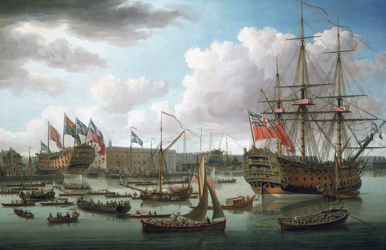 O "Royal George" em Deptford (Inglaterra) durante o lançamento do "Cambridge" em 21 de outubro de John the Elder Cleveley
