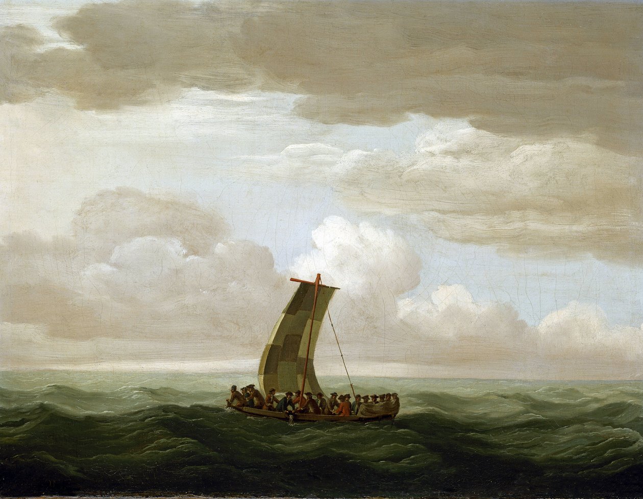 A tripulação da Galerie "Luxborough", o capitão e 21 homens, num bote salva-vidas. Pintura a óleo, cerca de 1727, de John Cleveley (1712-1777). de John the Elder Cleveley