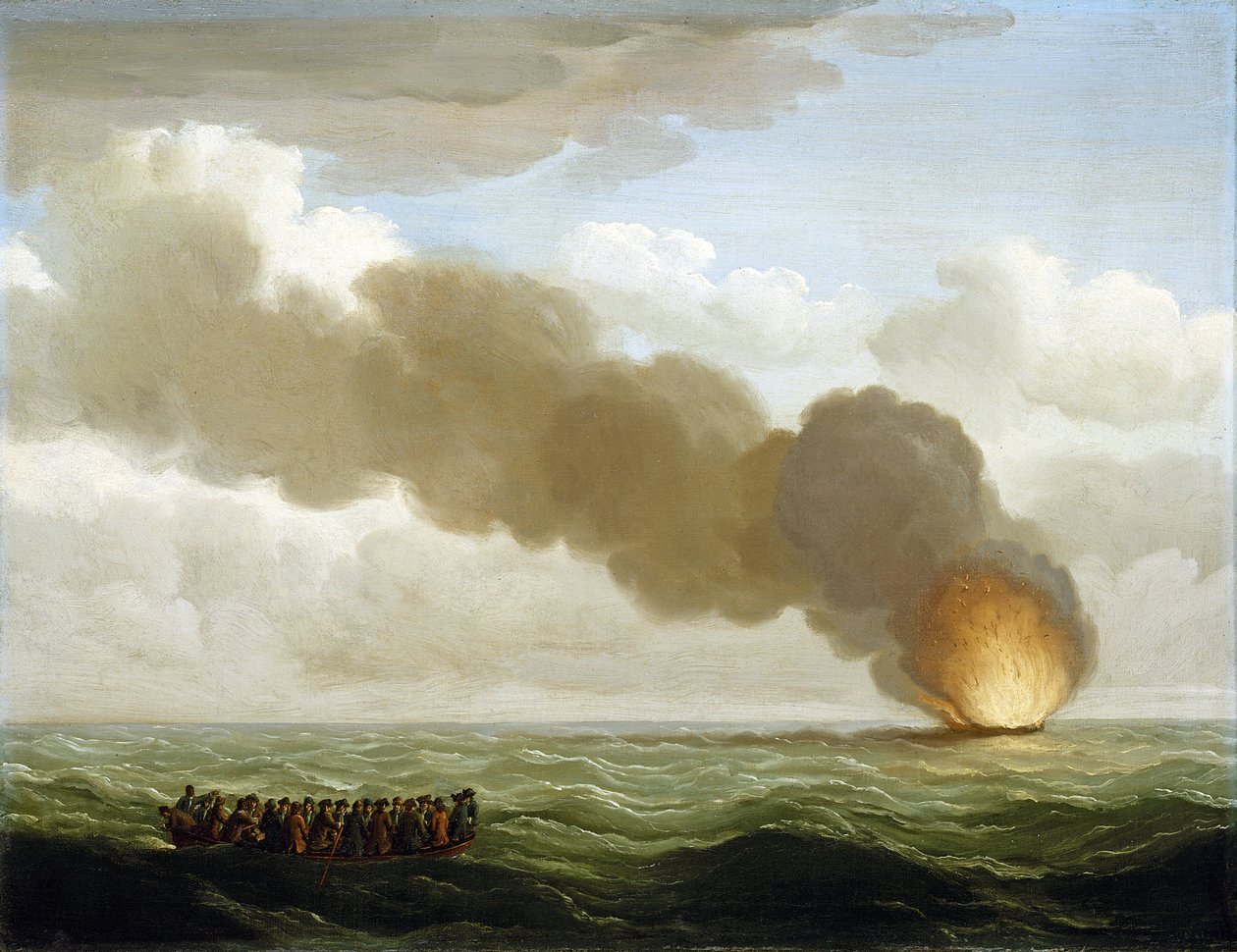 A tripulação da galera "Luxborough", num bote salva-vidas, a ver o seu navio em chamas afundar-se em alto mar, em 25 de junho de 1727 de John the Elder Cleveley