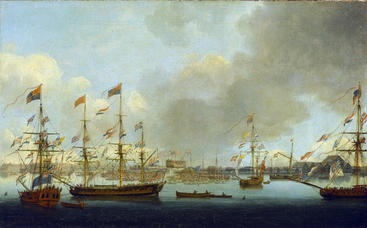 Lançamento do HMS "Alexander" em Deptford, Inglaterra, em 1778, um navio de guerra de 74 canhões que combateu durante a Batalha do Nilo (ou Batalha de Aboukir, em 1798) de John the Elder Cleveley