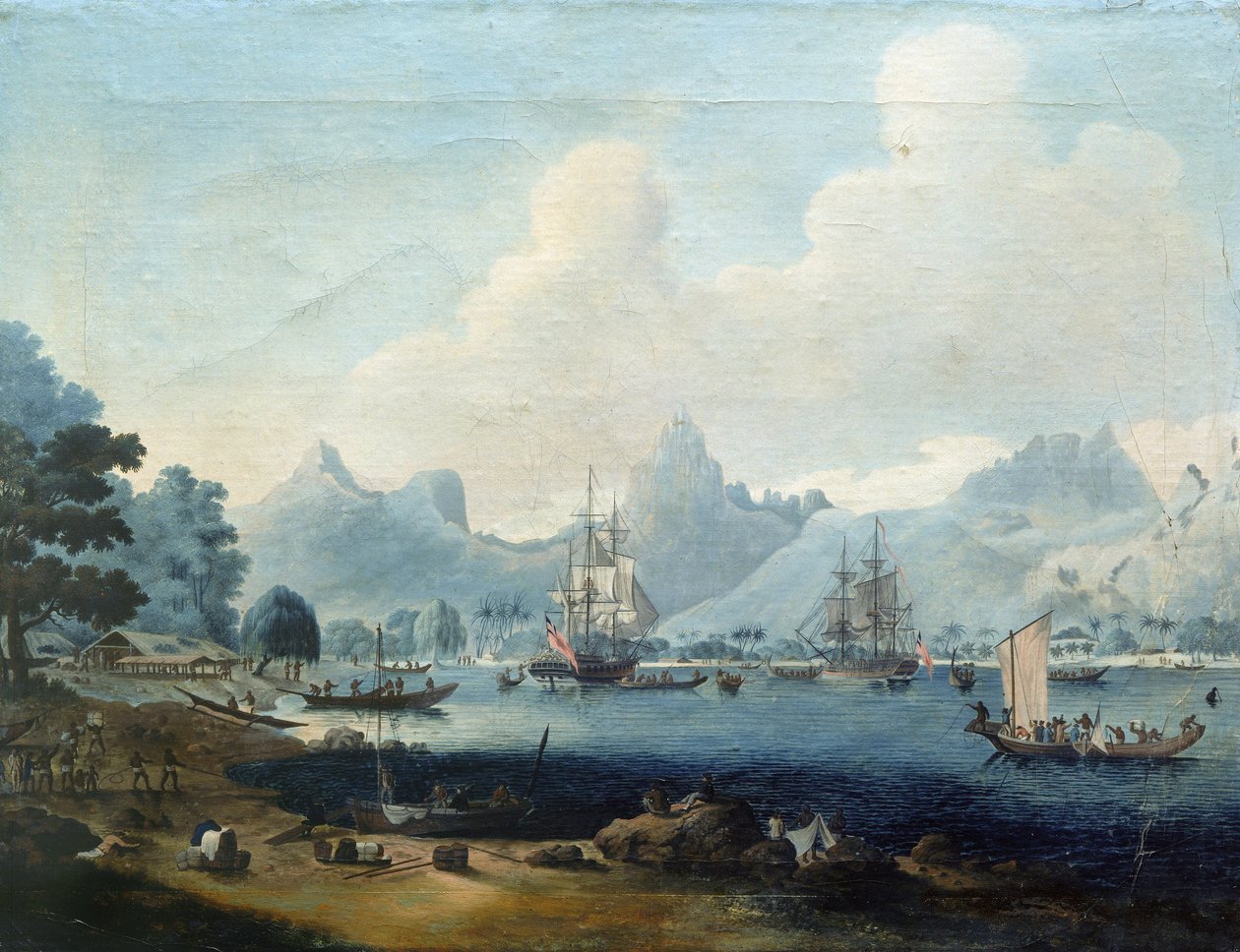 Os navios HMS "Resolution" e "Discovery" ancorados em Moorea (Tahiti), durante as expedições de James Cook (1728-1779), nas quais o pintor participou em 1772-1773 de John the Elder Cleveley