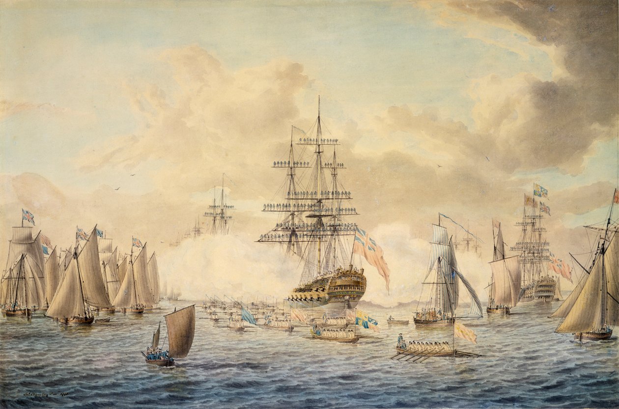 Jorge III a passar em revista a frota em Spithead, 22 de junho de 1773, representando o HMS "Royal Oak de John the Younger Cleveley