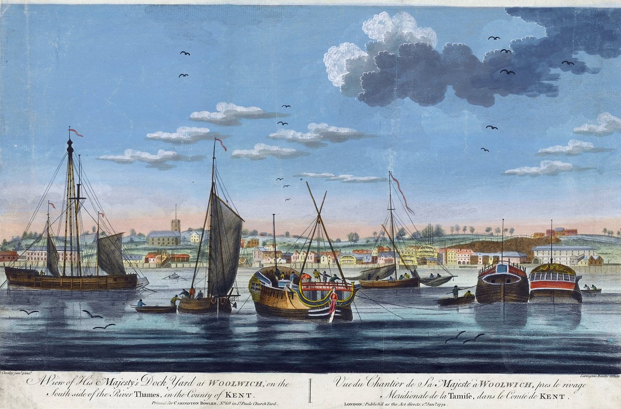 Vista das docas reais de Woolwich, na margem esquerda do Tamisa (Inglaterra), no condado de Kent. Gravura a cores de John Clevely, o Jovem (1747-1786) de John the Younger Cleveley
