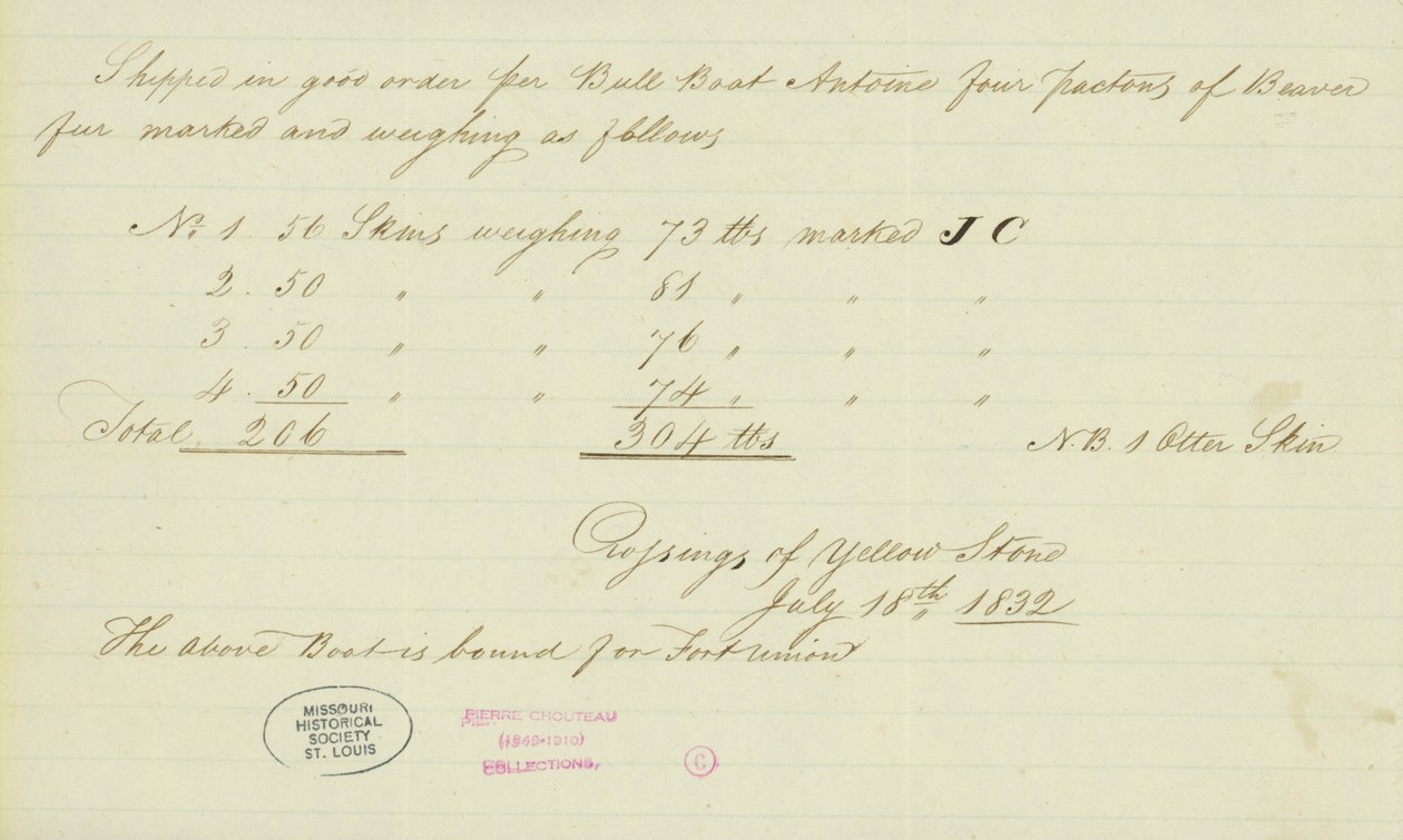 Nota de Johnson Gardner, Crossings of Yellow Stone, 18 de julho de 1832 de Johnson Gardner