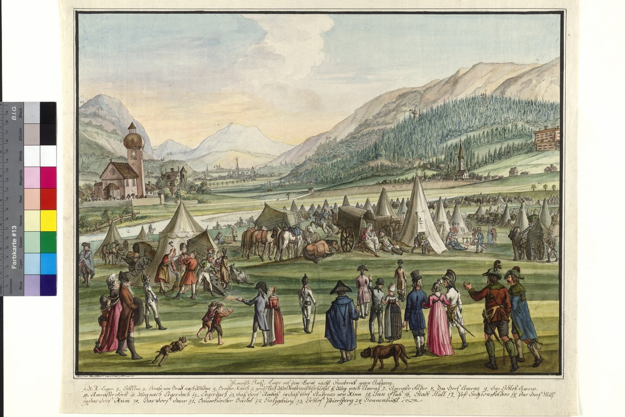 Acampamento imperial russo no Neurauth em Innsbruck 1799 (aguarela) de Jokob Placidus Altmutter