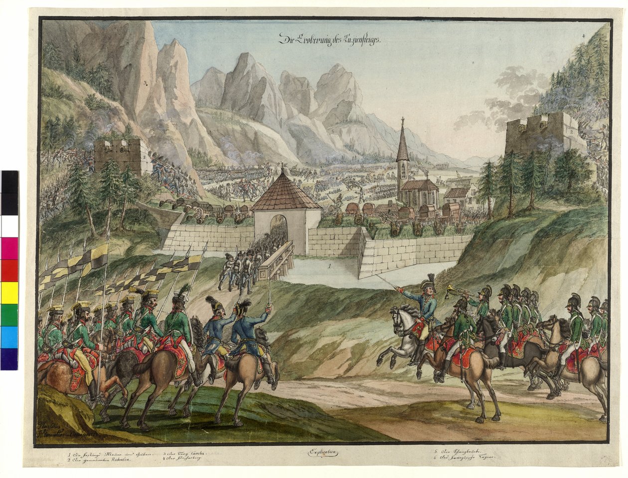 A conquista do Luziensteig pelas tropas austríacas em 1799 (aguarela) de Jokob Placidus Altmutter