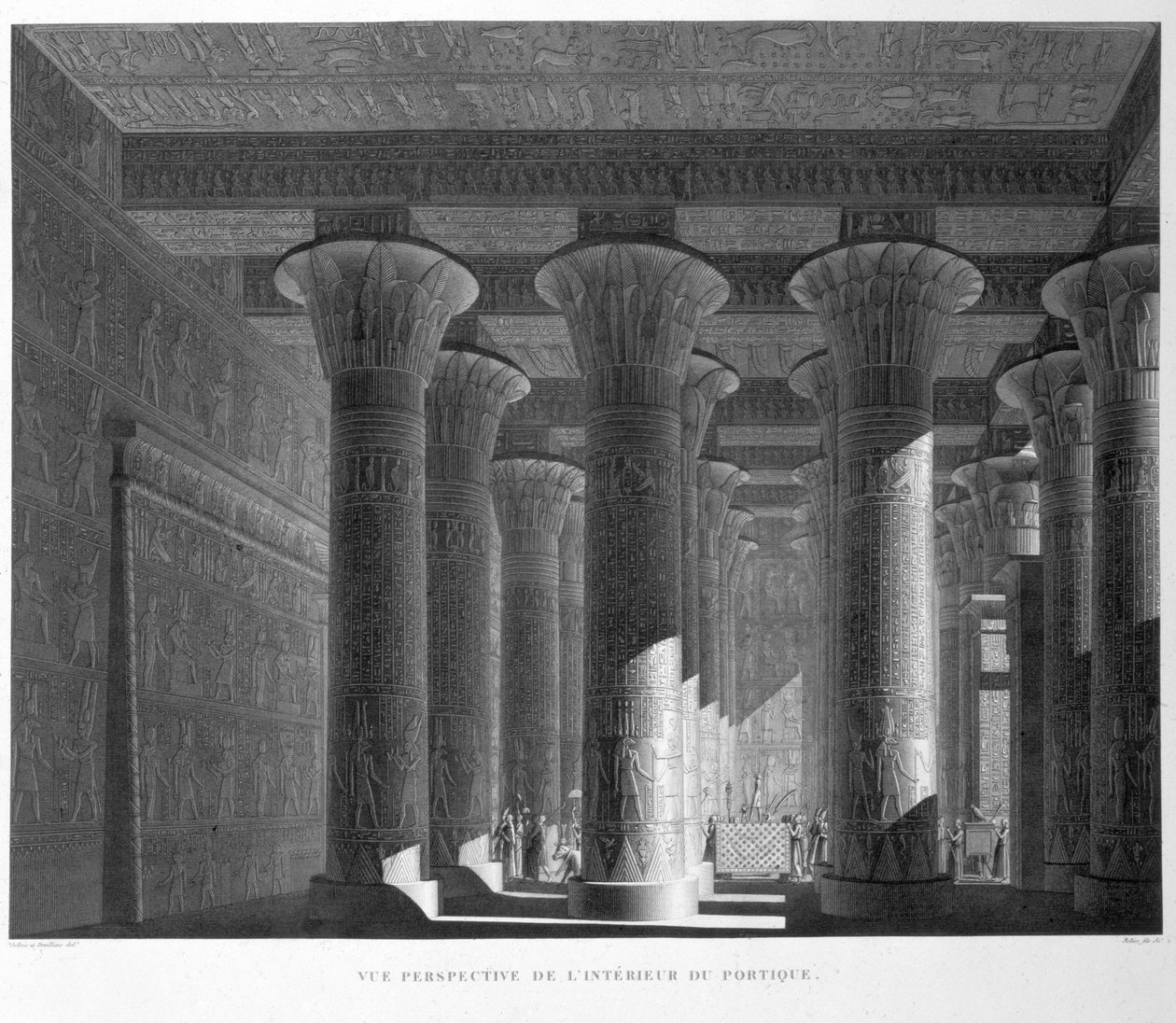 Vista perspectiva, de, a, portico, interior, Esne, (Latopolis), prato, 83, de, vol, eu, de, `descrições, de, Egypt`, gravado, por, sellier, 1822, (aquatint) de Jollois and Devilliers