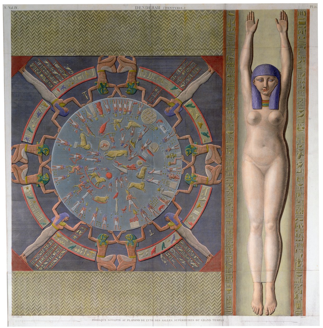Teto do zodíaco do grande templo em Denderah, Egito, c1826 de Jollois and Devilliers