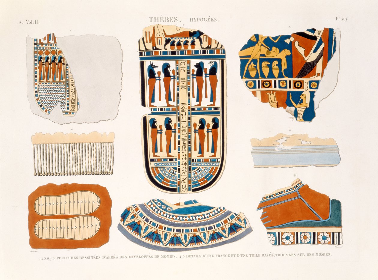 Ilustrações de detalhes decorativos do invólucro de múmias, 4,5; Detalhe de uma franja e um material listrado encontrado nas múmias, Tebas, Hypogees, placa 59 de Vol II de `Descrições do Egito de Jomard