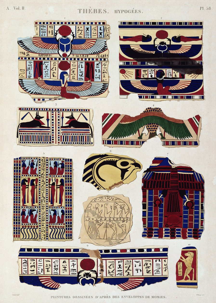 Ilustrações de desenhos pintados do invólucro das múmias, Hipogeu, Tebas, prato 58 do Vol. II de Descrições do Egito, gravado por Willemin, 1822 (aquatint) de Jomard