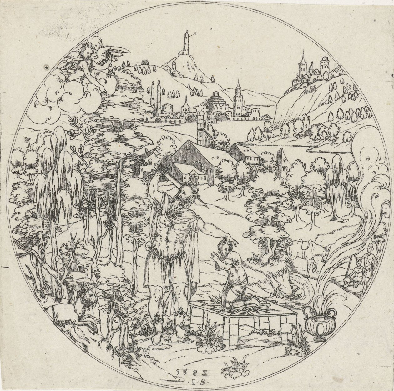 Abraão sacrifica Isaque Bottoms of Bowls: Landscapes with Bible and Mythological Representations (título da série) de Jonas Silber
