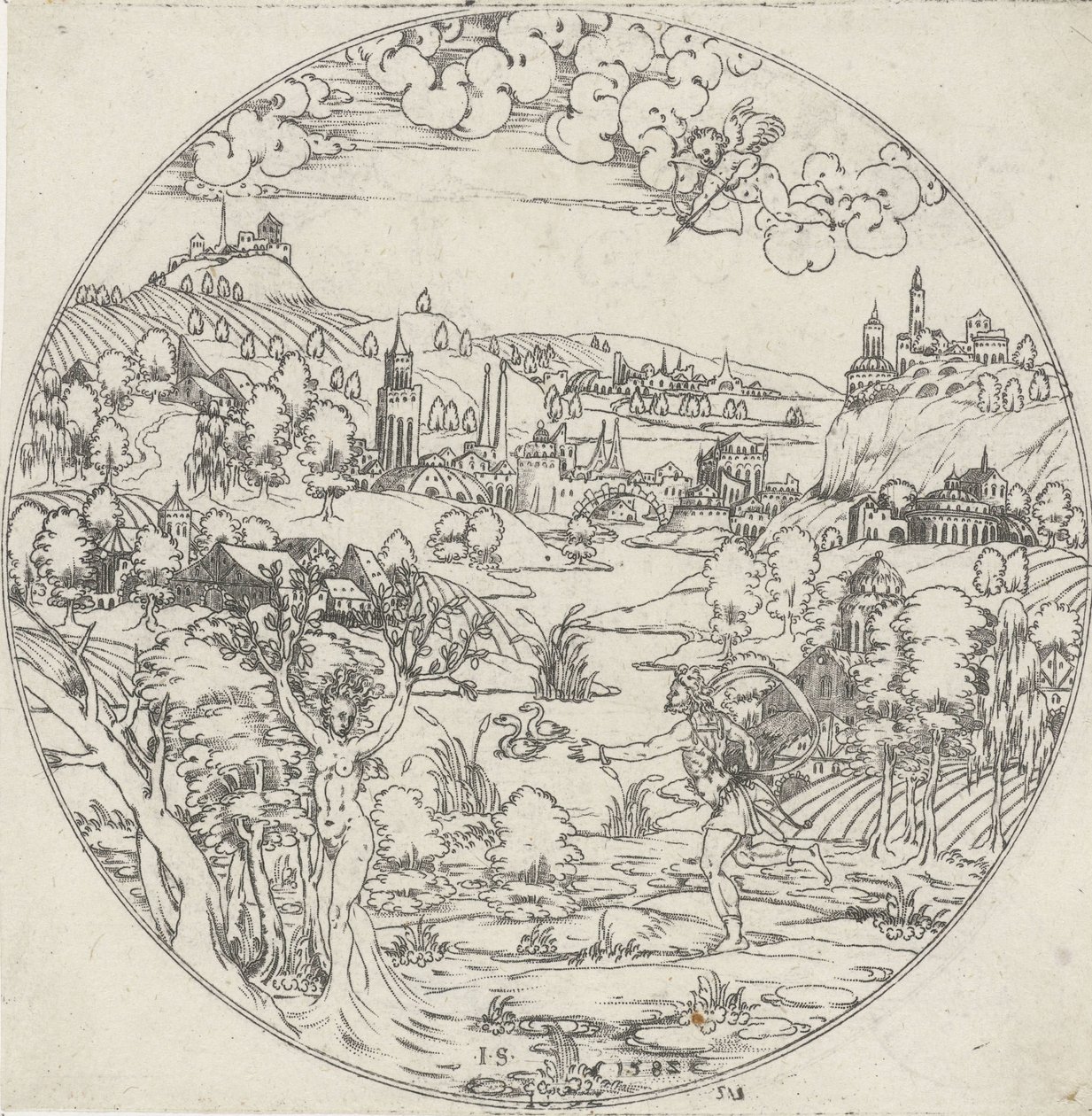 Apolo e Dafne Bottoms of Bowls: Landscapes with Bible and Mythological Representations (título da série) de Jonas Silber