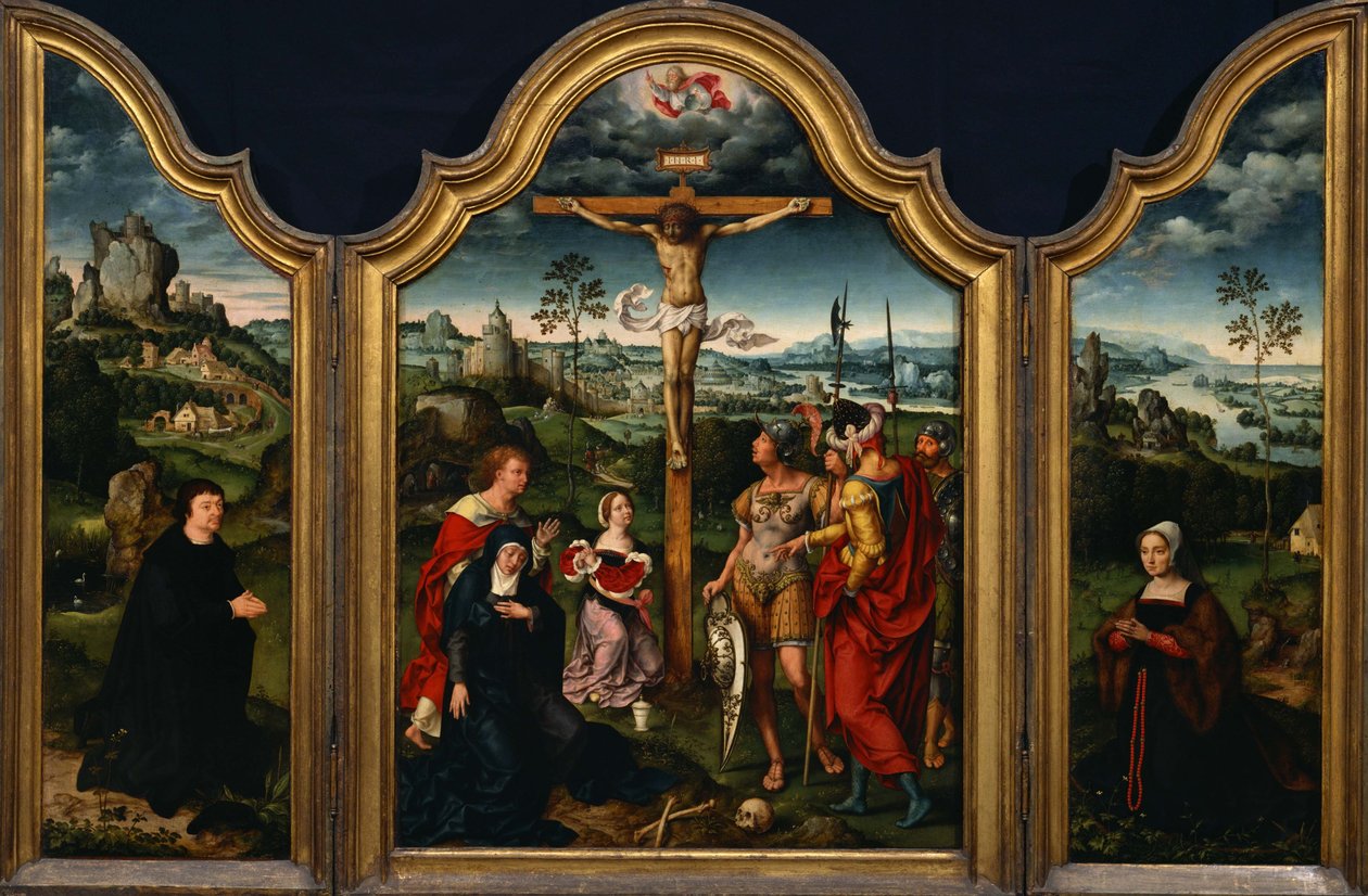 Tríptico - A crucificação ladeada pelo doador ajoelhado e sua esposa de Joos van Cleve