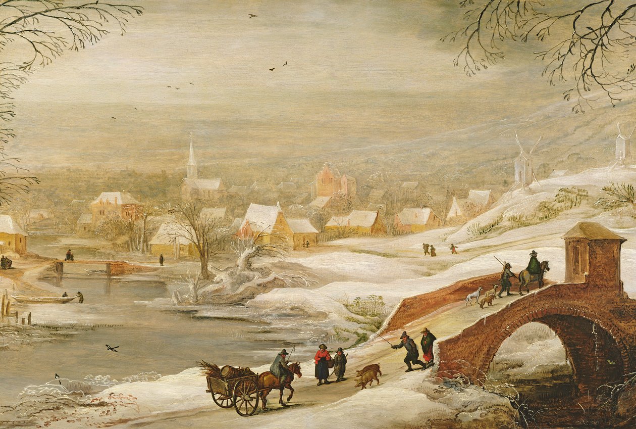 Uma paisagem de inverno rio com viajantes em uma ponte e uma cidade à distância, final da década de 1720 de Joos or Josse de Momper