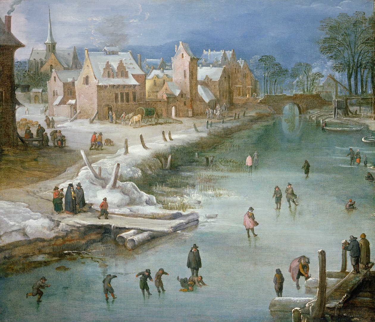 Patinadores em um rio congelado ao lado de uma cidade de Joos or Josse de Momper